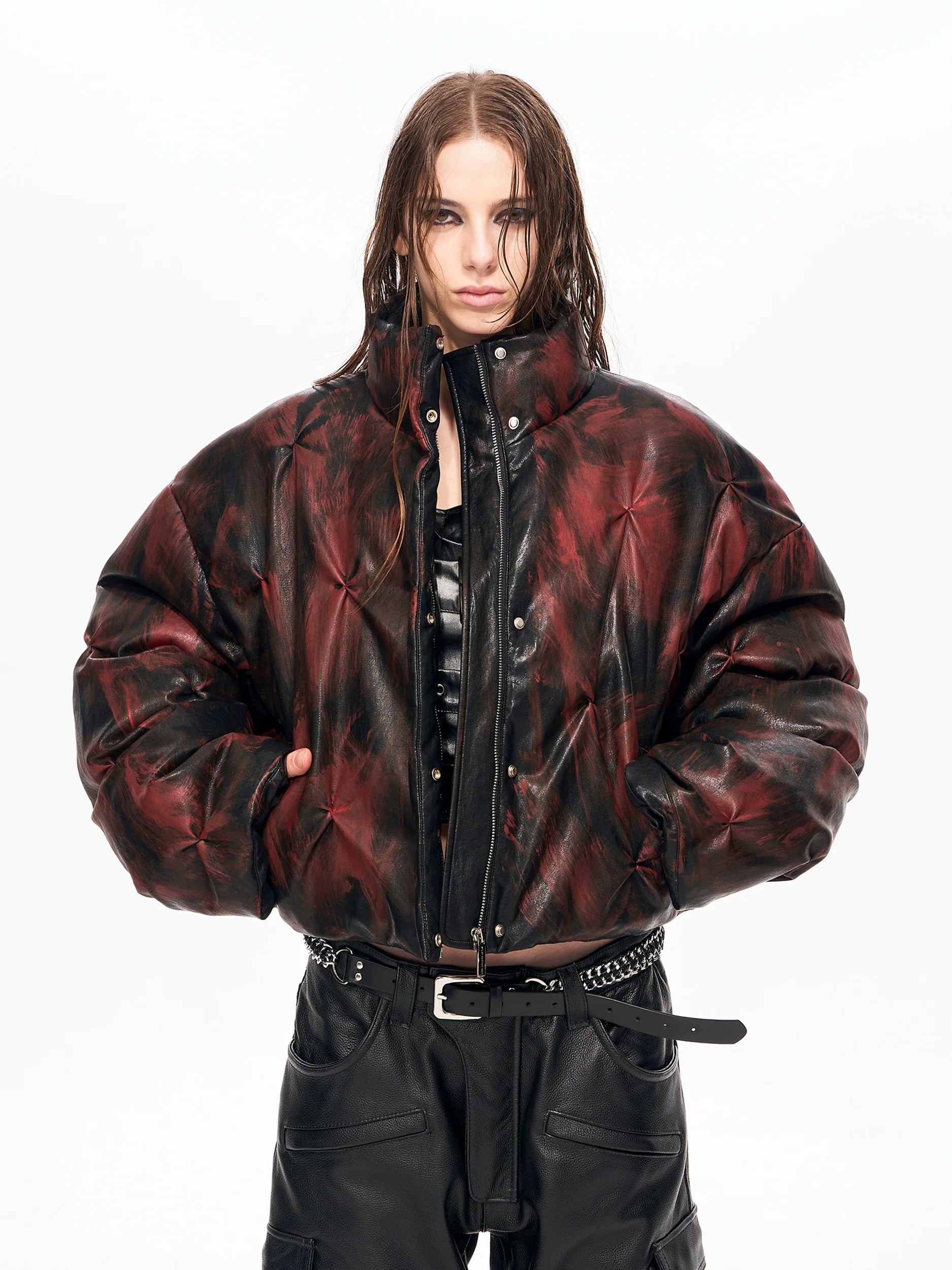 Crimson Storm Oversized Leather Puffer Jacket