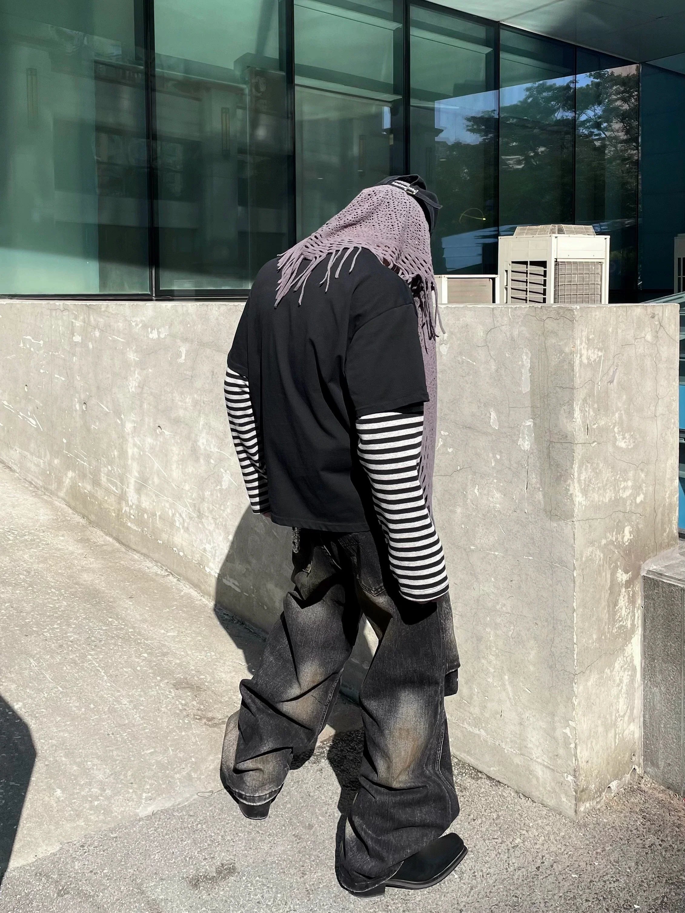 스트라이프 레이어드 소매 빈티지 밴드 그래픽 티셔츠