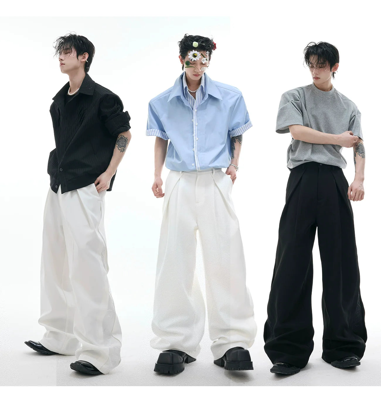 화이트 와이드 레그 루즈핏 카고 팬츠