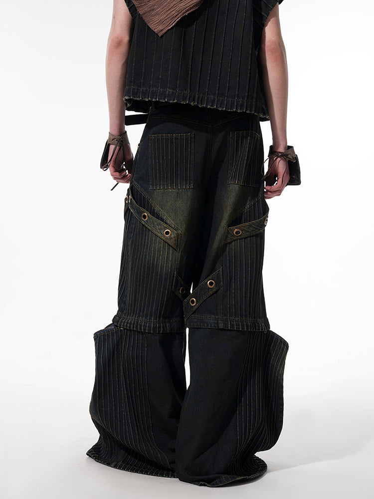 Standing-Neck Industrial Denim Jacket and Denim Pants Setup