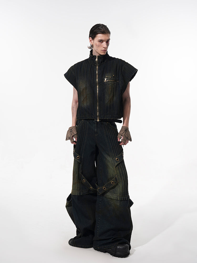 Standing-Neck Industrial Denim Jacket and Denim Pants Setup