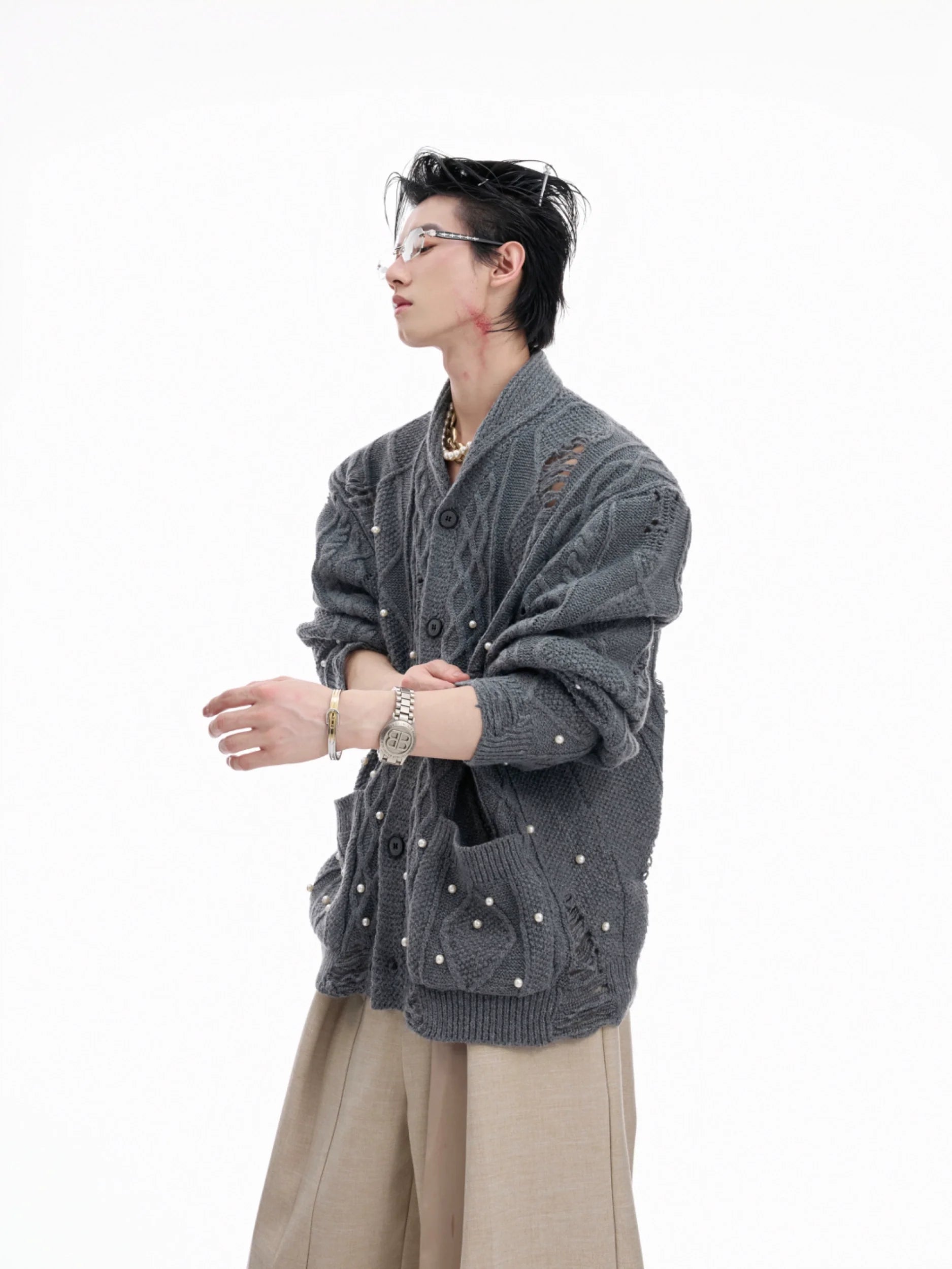 Distressed Pearl Embellished Knit Cardigan