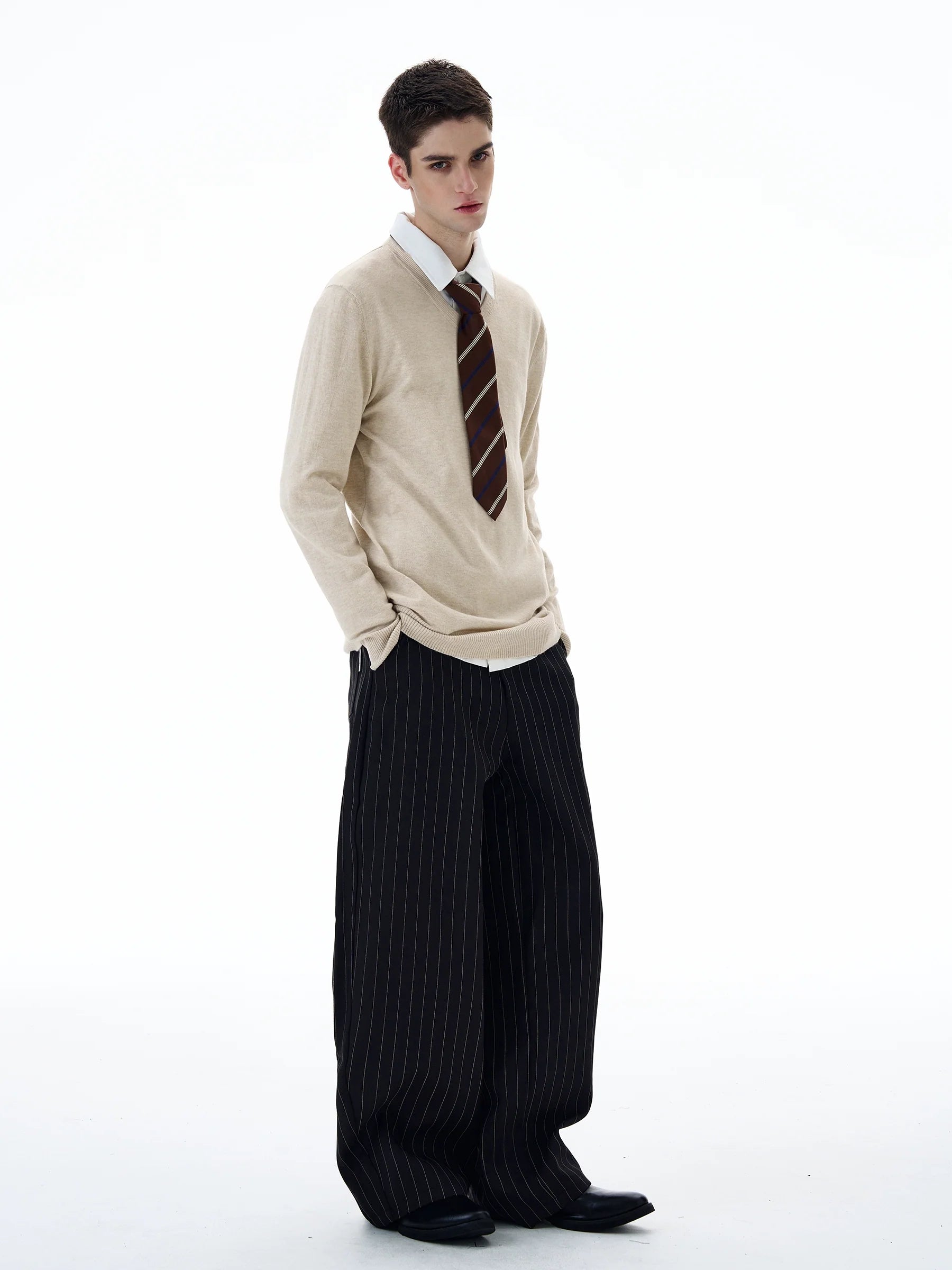 Chocolate Pinstripe Wide-Leg Trousers