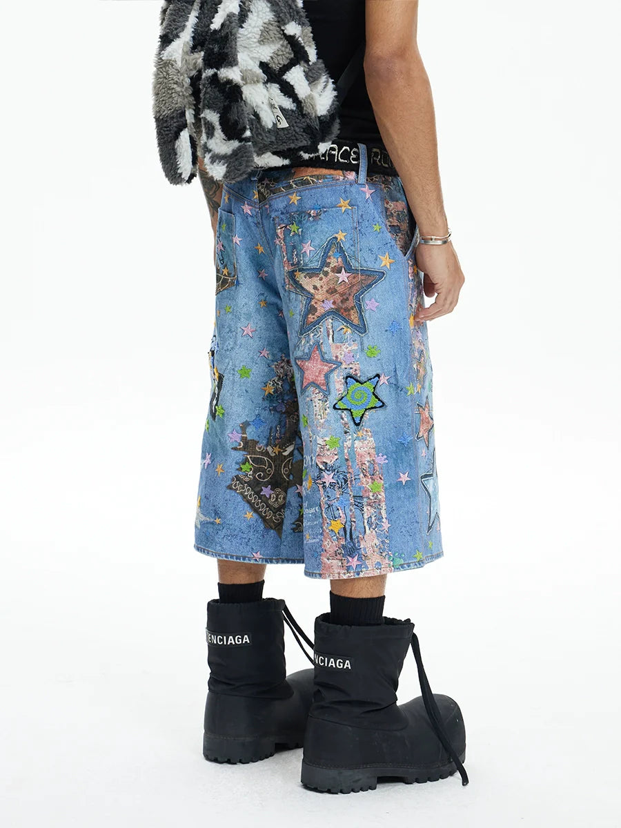 Graffiti Patchwork Denim Bermuda Shorts
