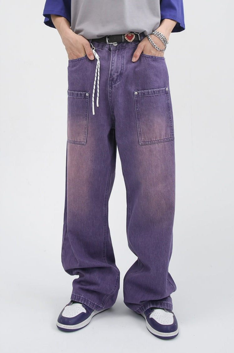 Purple Wide Leg Carpenter Jeans with Front Utility Pockets