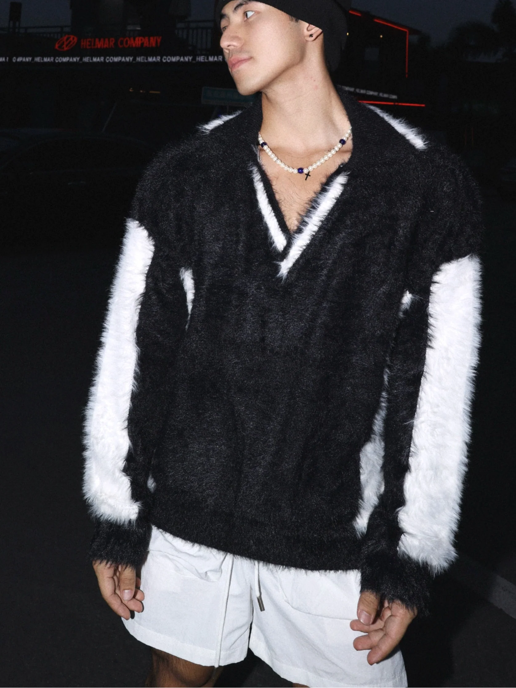 Contrast Panel Fuzzy Sweater