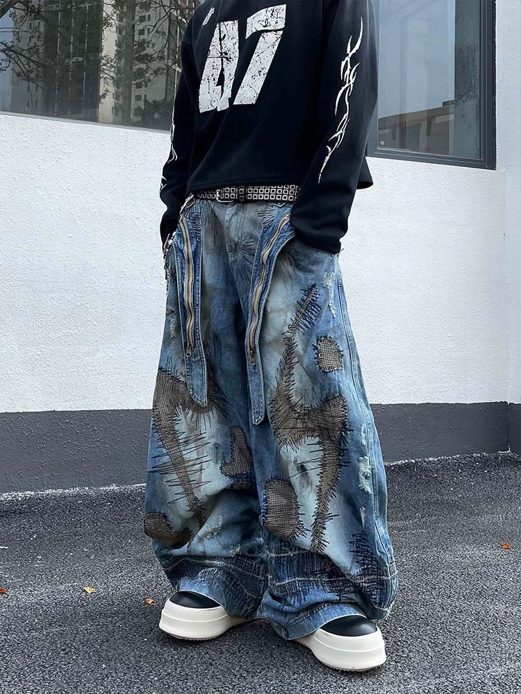 Patchwork Stitch Grunge Wide Leg Jeans