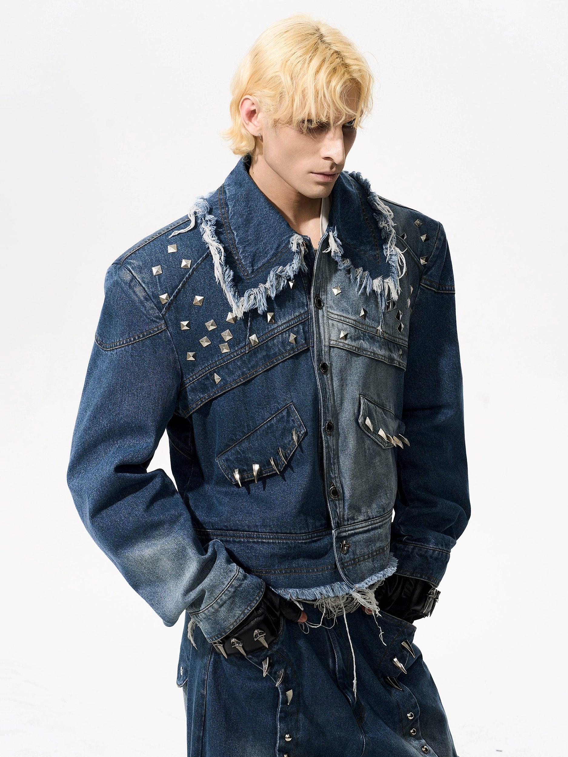Studded Frayed Denim Jacket and Wide-Leg Jeans Setup