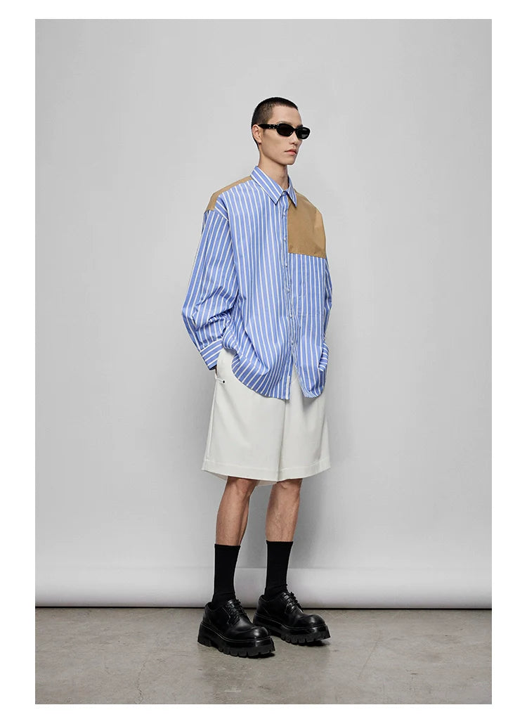 Color-Block Patchwork Pocket Oversized Shirt