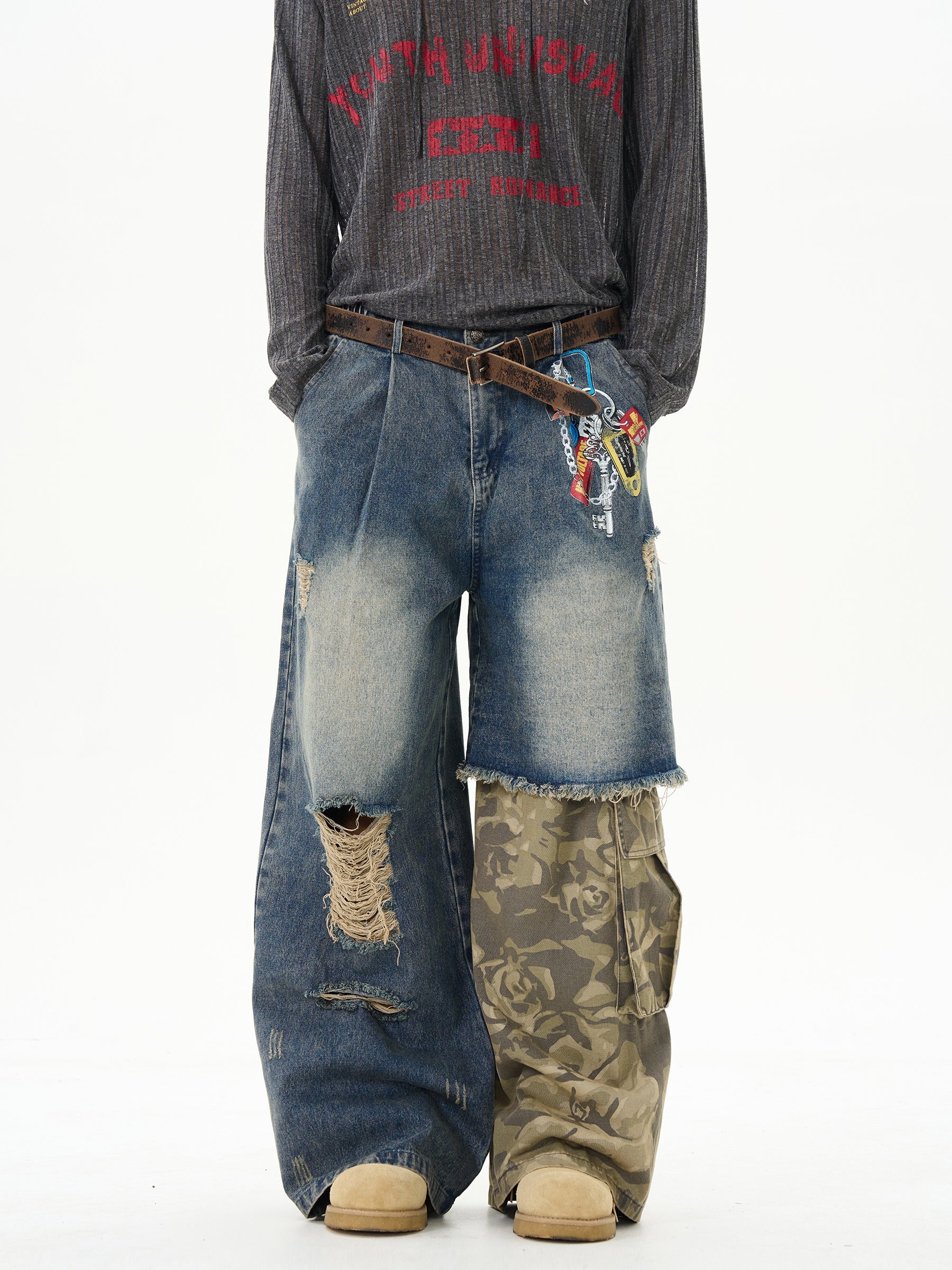 Distressed Patchwork Wide-Leg Denim Jeans