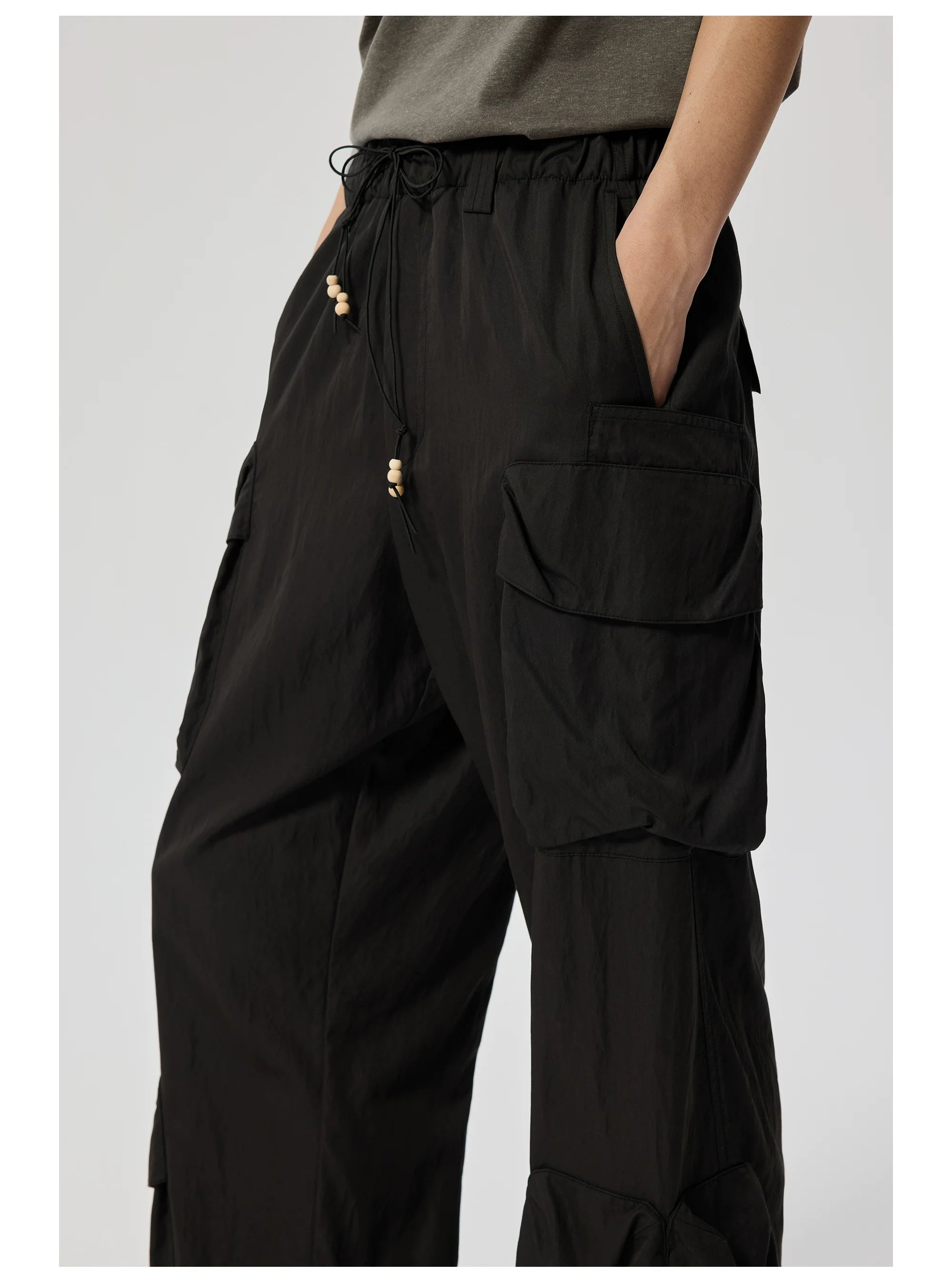 Wide-Leg Cargo Pants with Wood Bead Detail