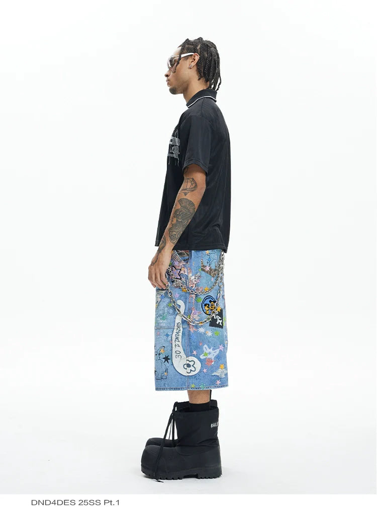 Graffiti Patchwork Denim Bermuda Shorts