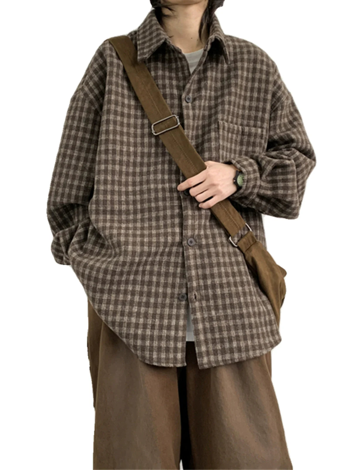 Oversized Brown Plaid Flannel Shirt
