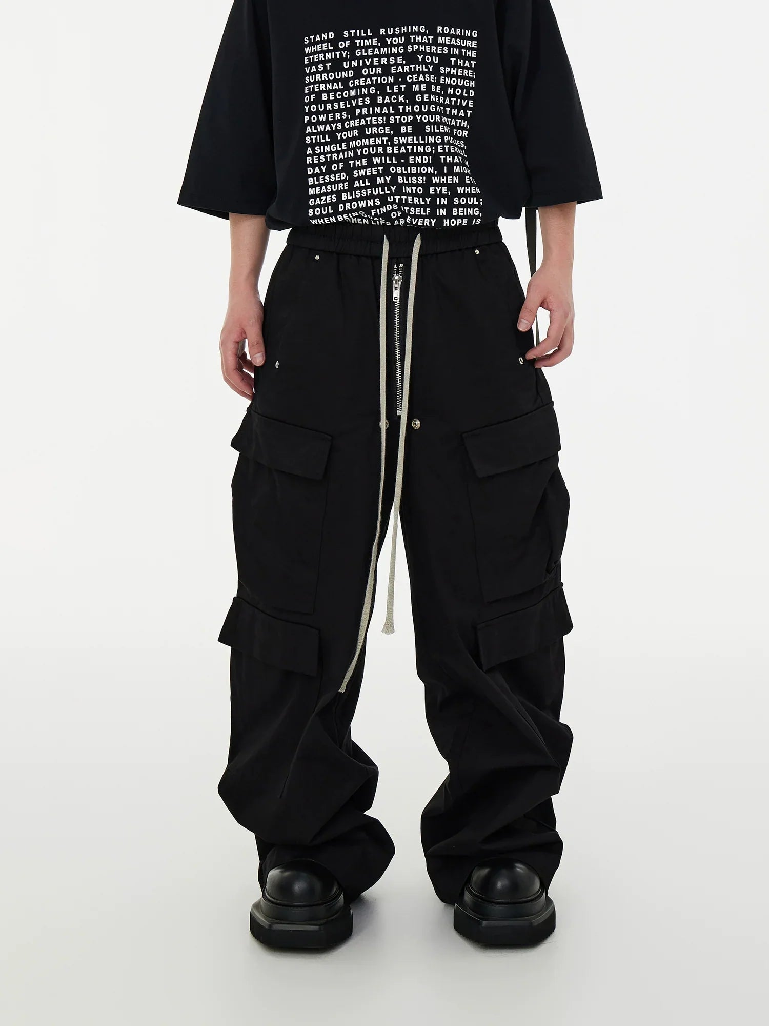 Black Drawstring Multi-Pocket Dragging Cargo Pants