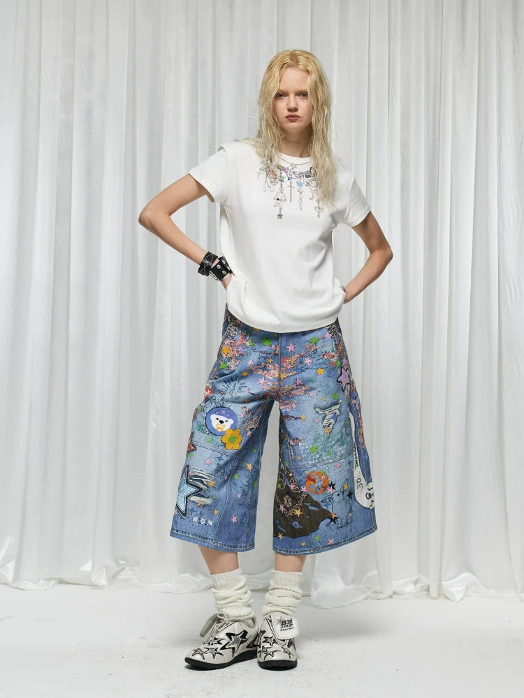 Graffiti Patchwork Denim Bermuda Shorts