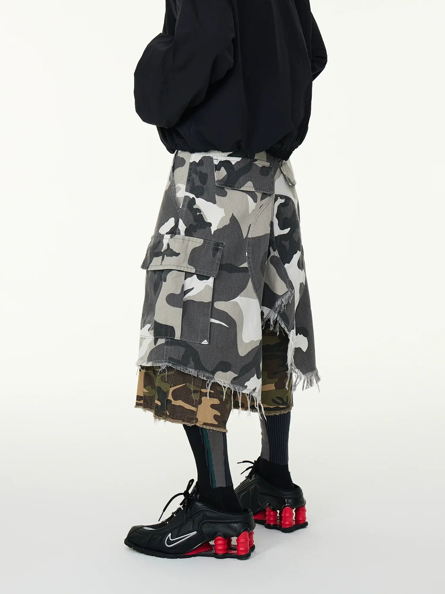 Double Layered Camo Patchwork Cargo Shorts