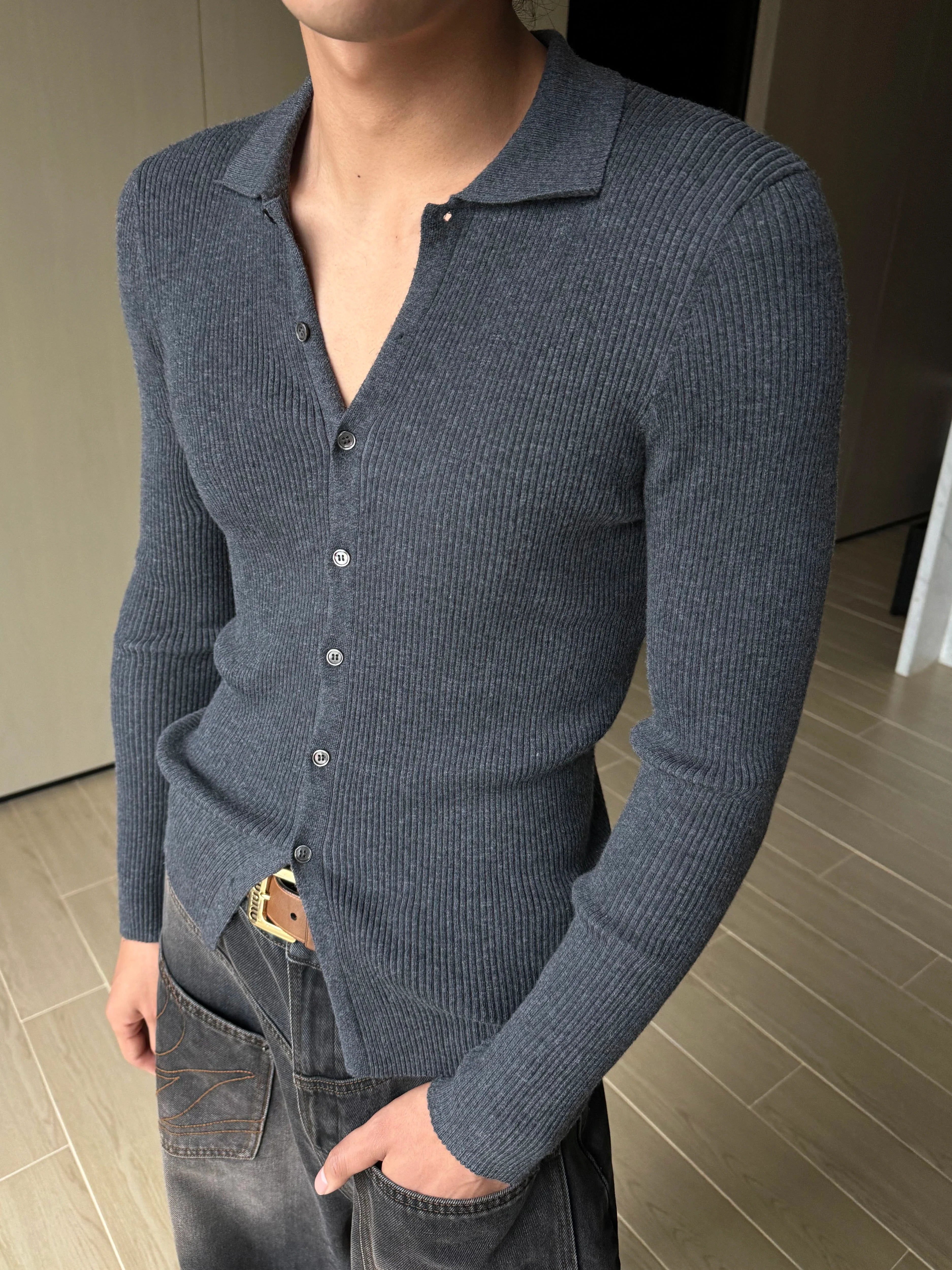 Charcoal Gray Classic V-Neck Button Cardigan