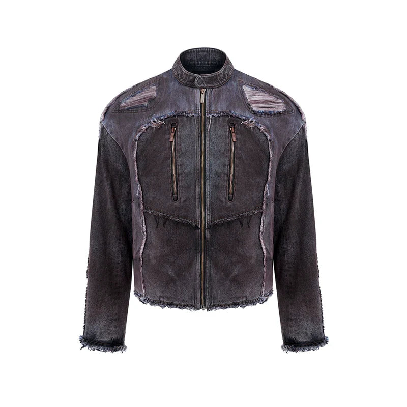 Distressed Padded Denim Jacket and Wide-Leg Pants Setup