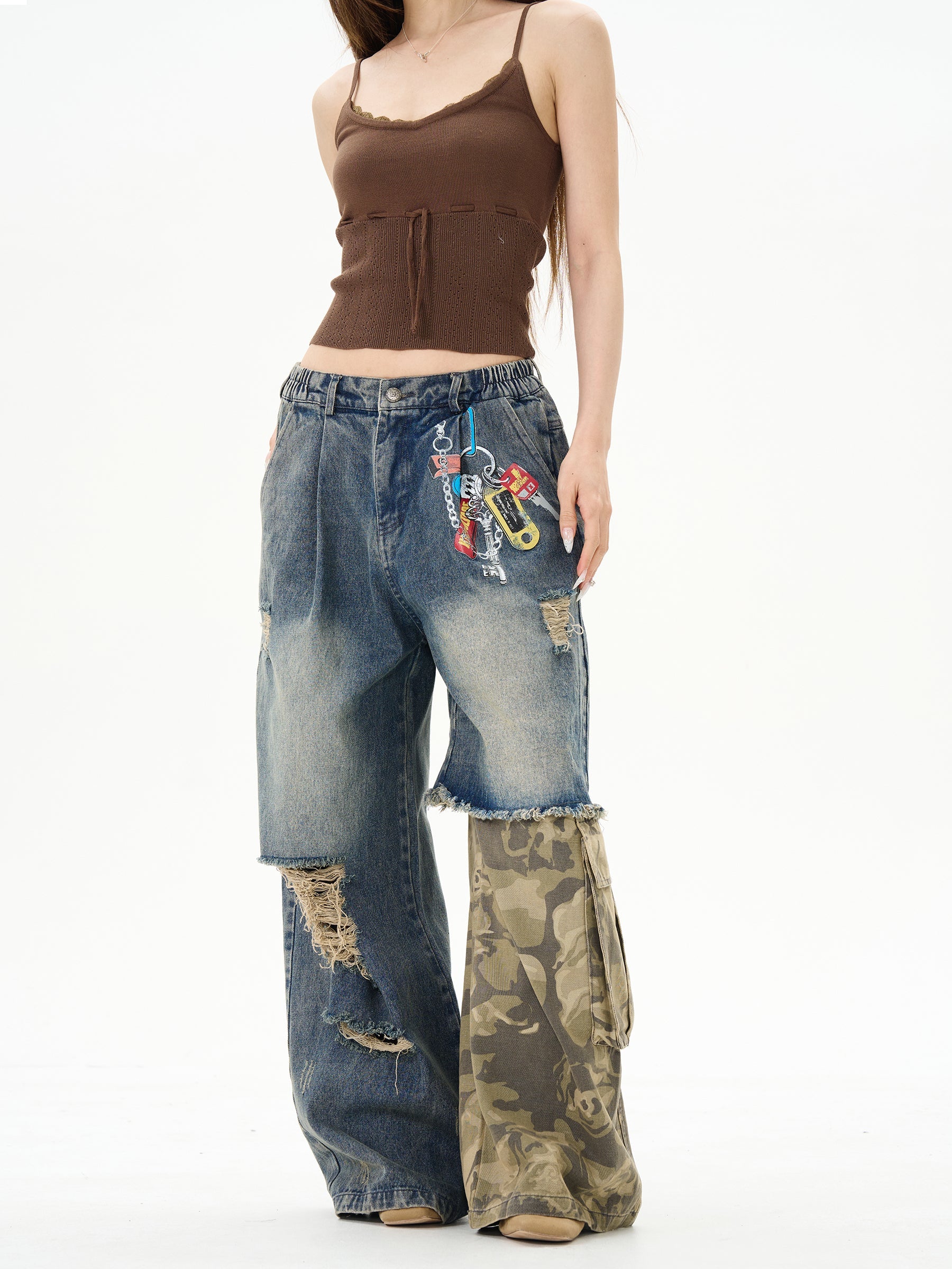 Distressed Patchwork Wide-Leg Denim Jeans