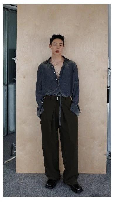 위브 스튜디오 스파클리 네이비 블루 딥 브이넥 보디수트 재킷 - 긴팔 글리터 파티 탑