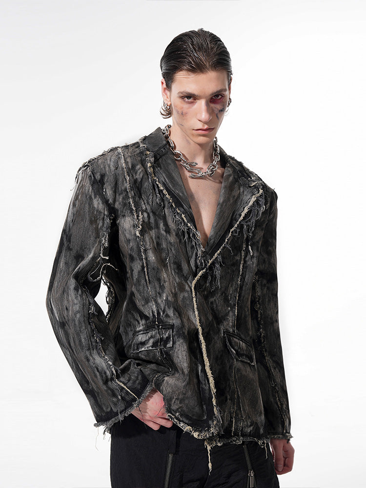 Distressed Dark Denim Blazer Jacket