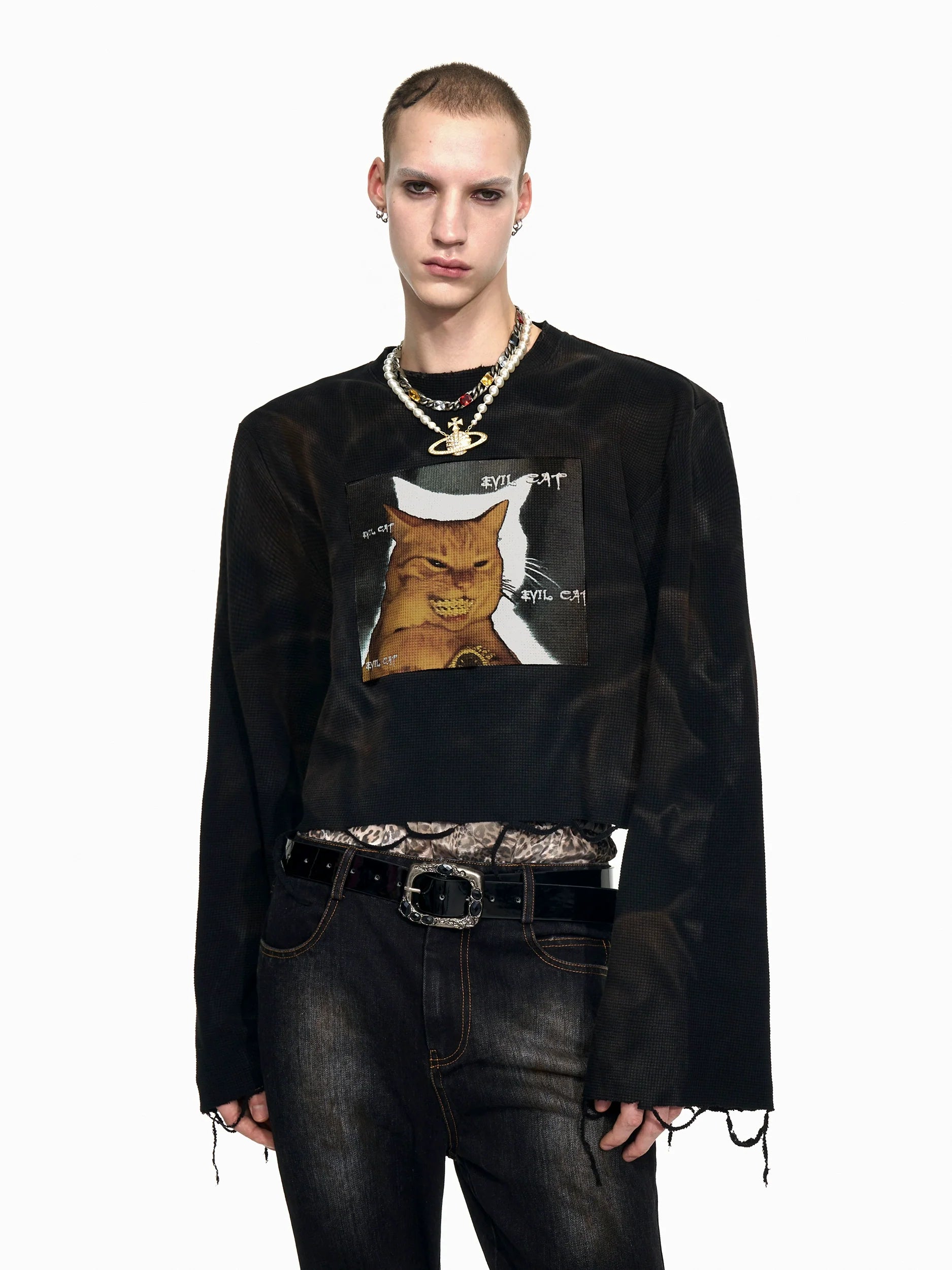 Distressed Cat Graphic Long Sleeve Shirt