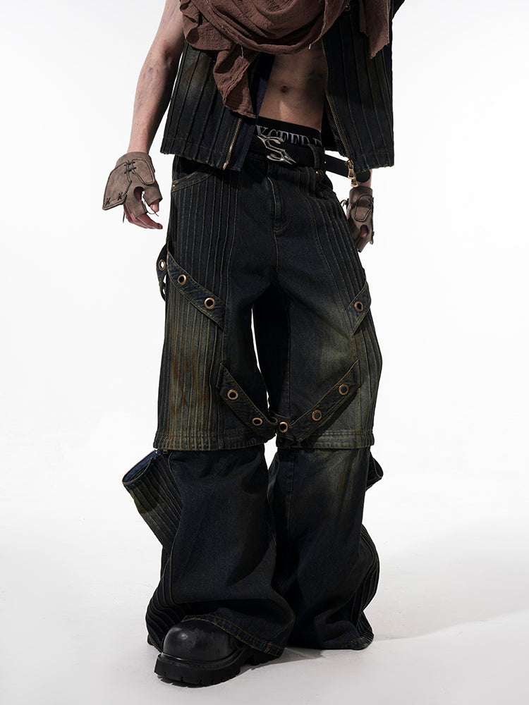 Standing-Neck Industrial Denim Jacket and Denim Pants Setup