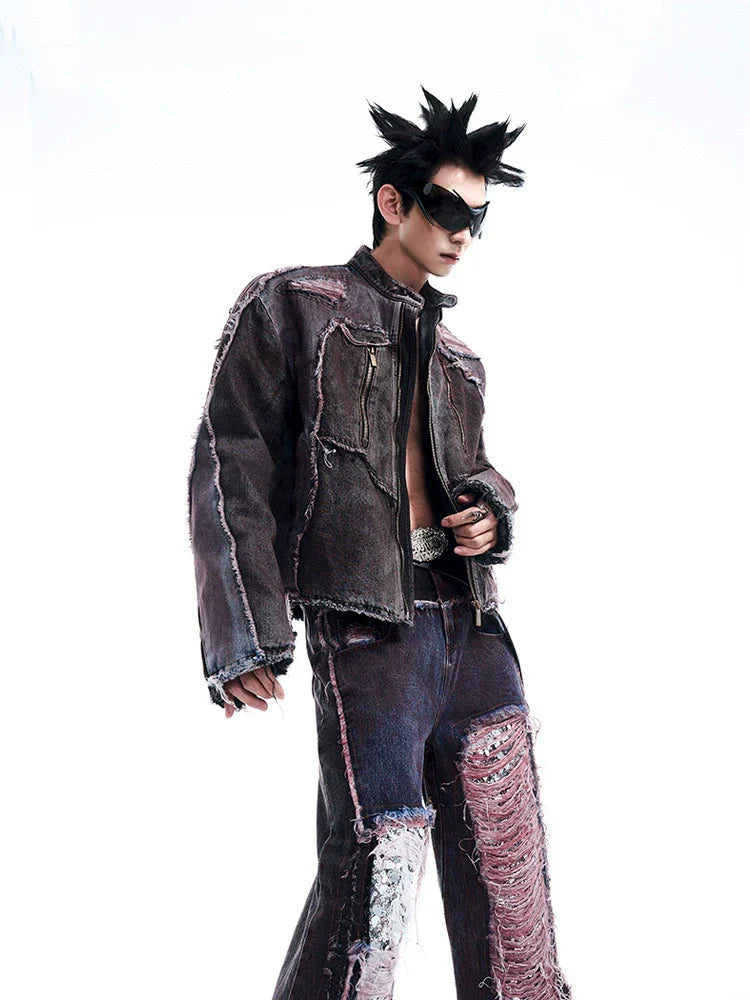 Distressed Padded Denim Jacket and Wide-Leg Pants Setup