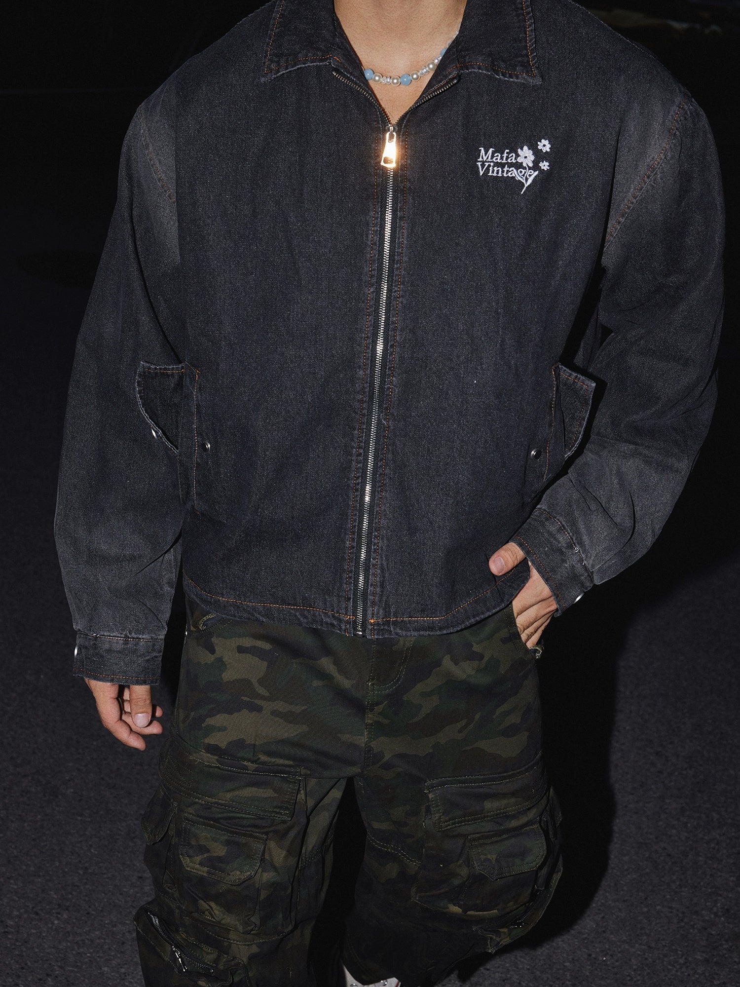 Vintage Black Denim Zip Jacket