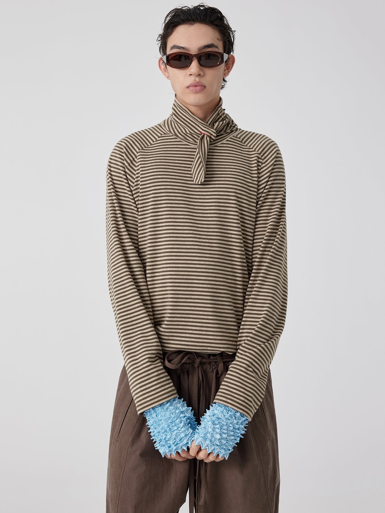 Striped Tie-Neck Long Sleeve Top