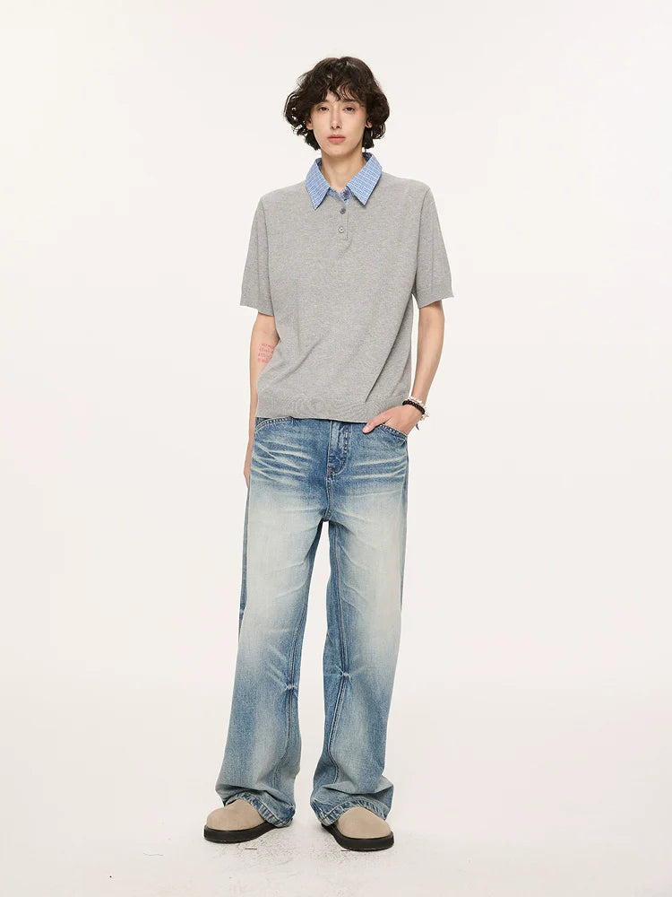 Contrast Plaid Collar Knit Polo Shirt