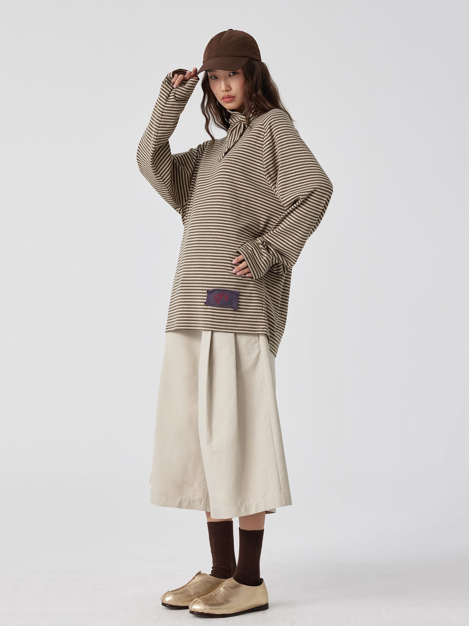 Striped Tie-Neck Long Sleeve Top