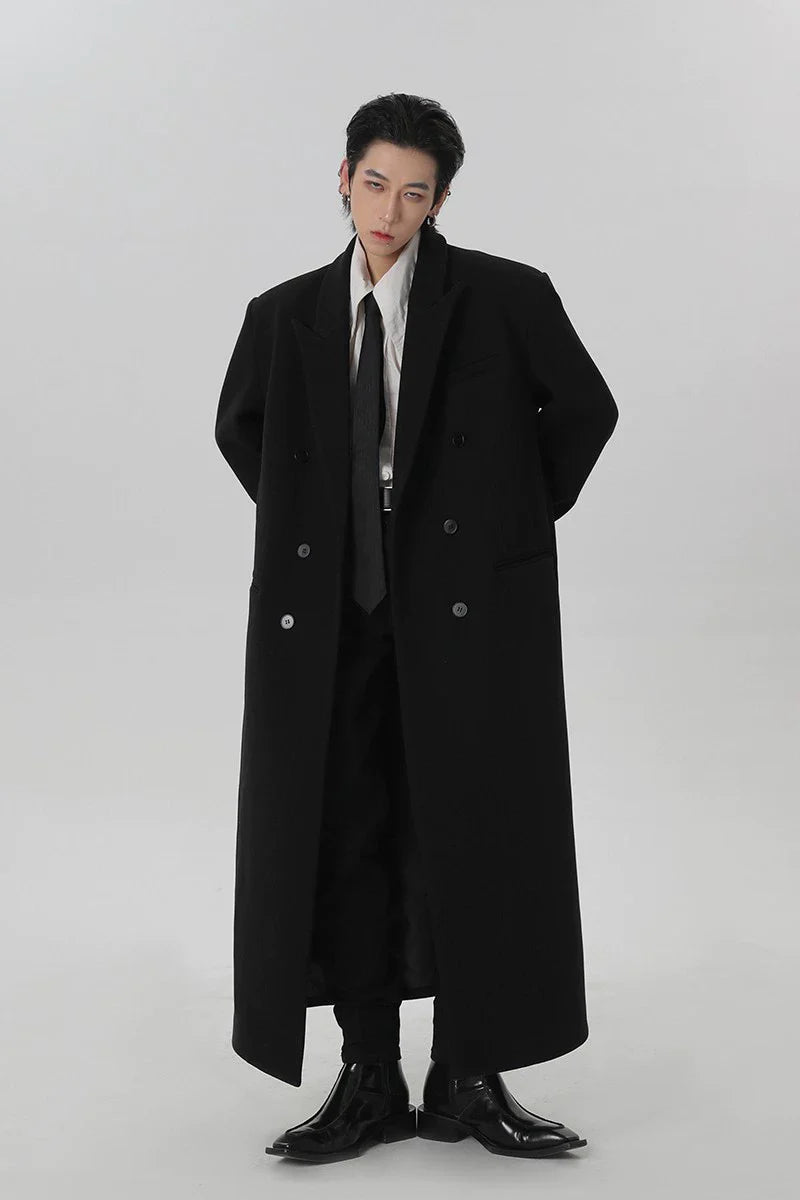 롱 블랙 더블 브레스트 오버코트