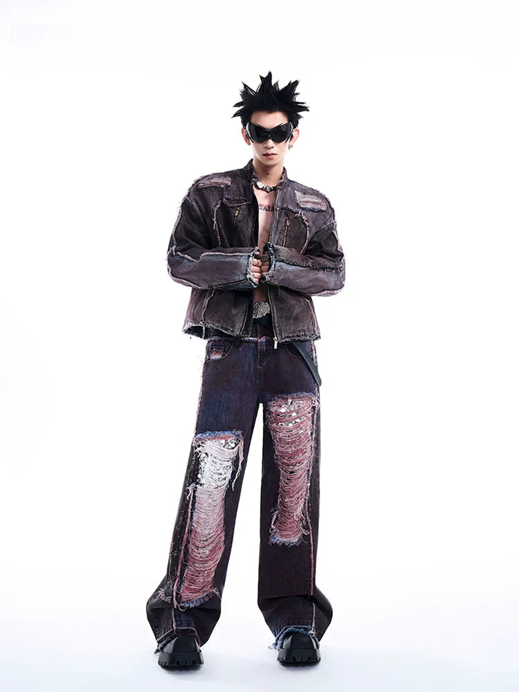 Distressed Padded Denim Jacket and Wide-Leg Pants Setup