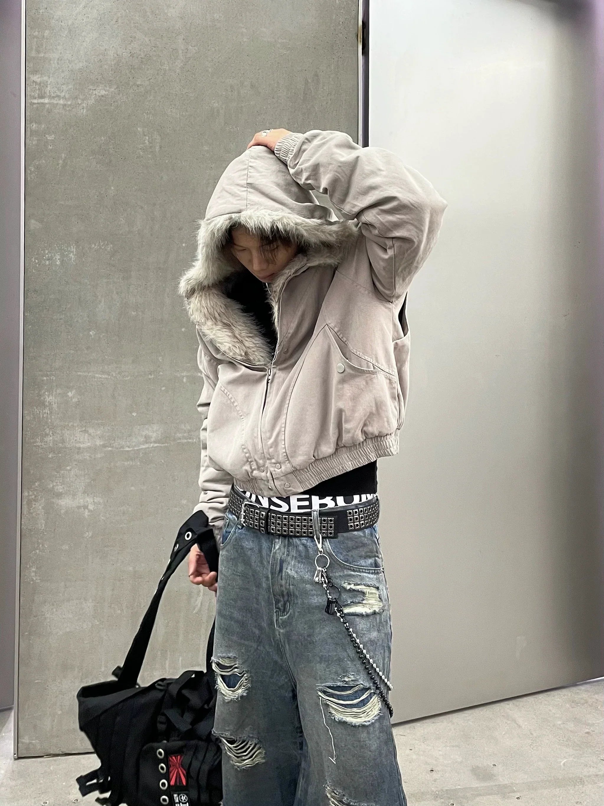 인조 모피 후드 봄버 재킷