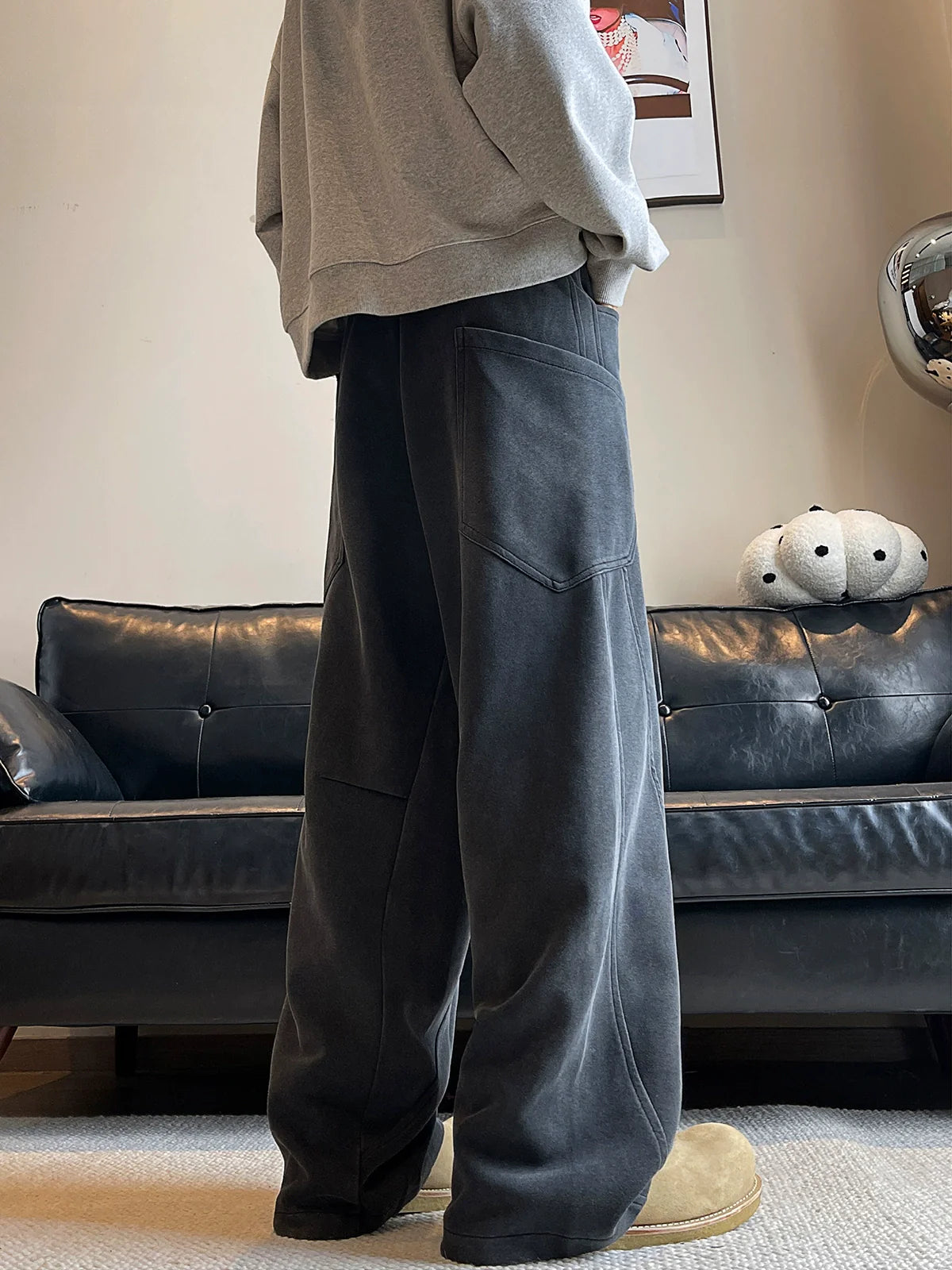 넓은 통 검은색 큰 주머니 끈 조절 스웨트 팬츠