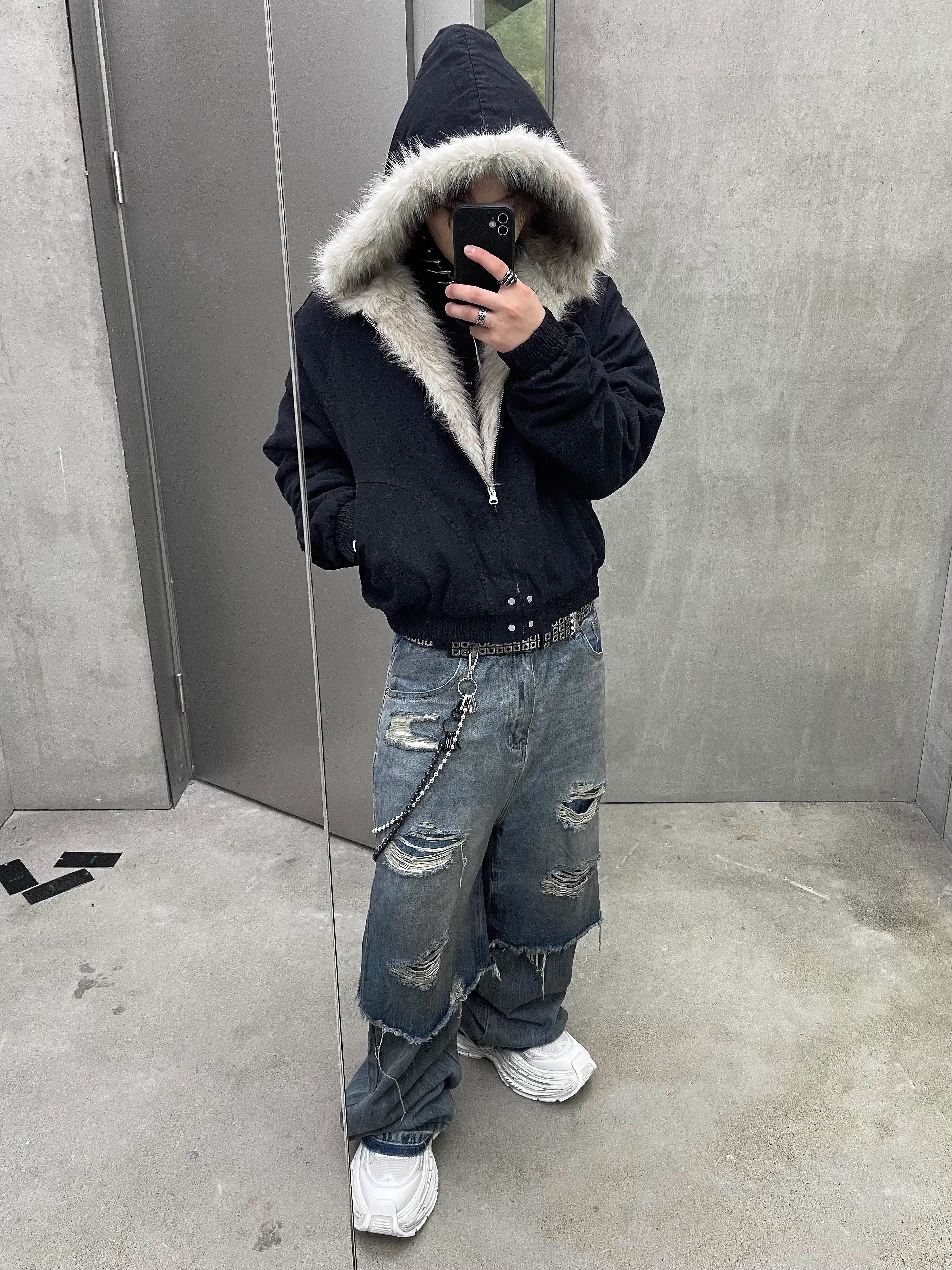 인조 모피 후드 봄버 재킷