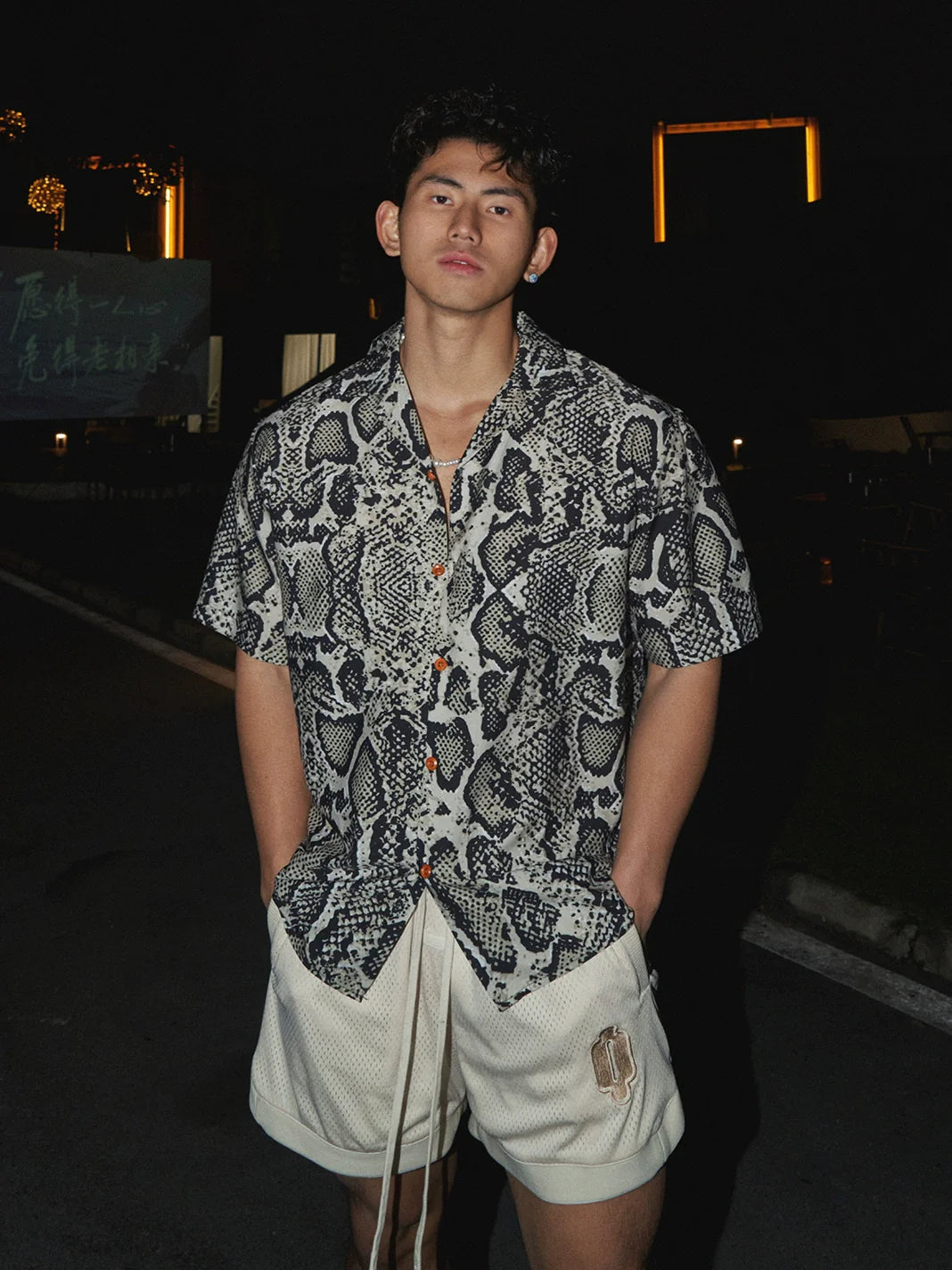 Short-Sleeve Snake Print Button-Up Shirt