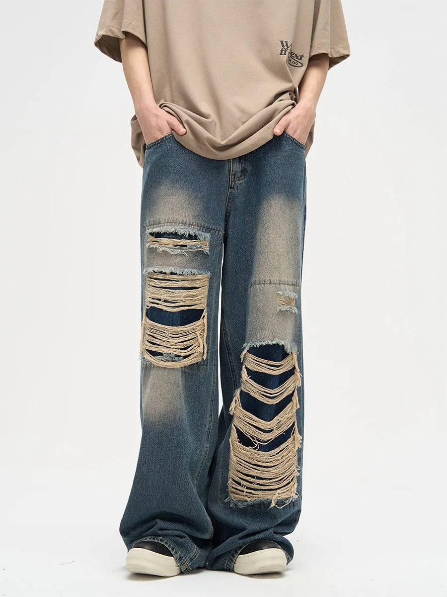 Dripped Panels Wide Leg Baggy Jeans