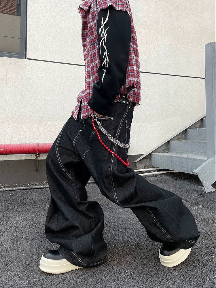 커브드 어반 스티치 와이드 레그 진