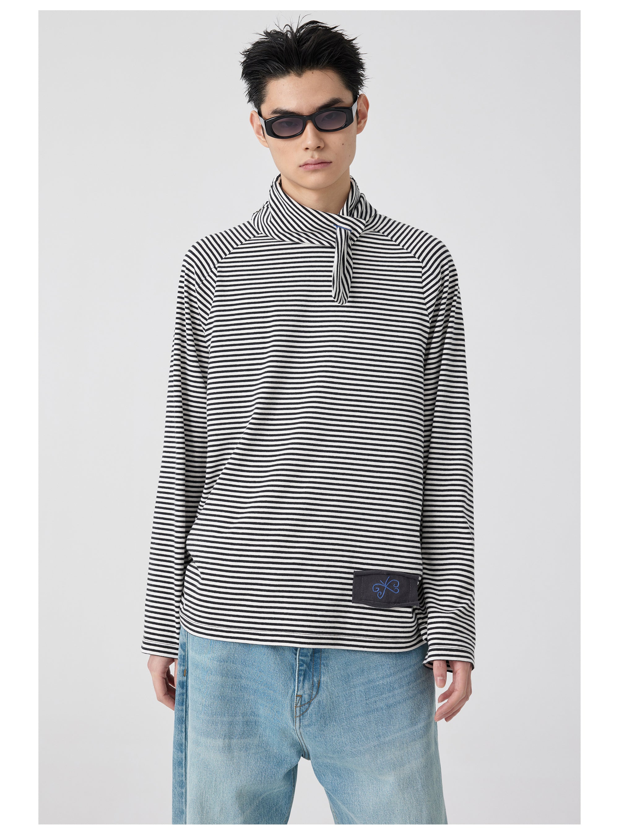 Striped Tie-Neck Long Sleeve Top