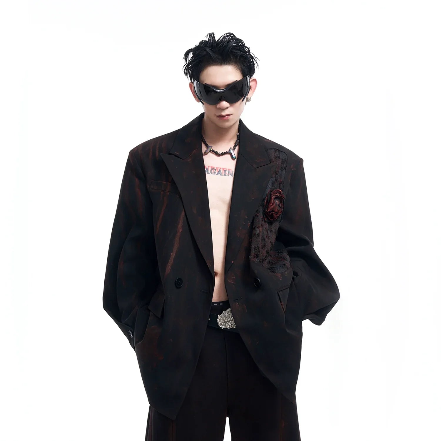 블랙 플로럴 라펠 자켓 와이드 레그 팬츠 셋업