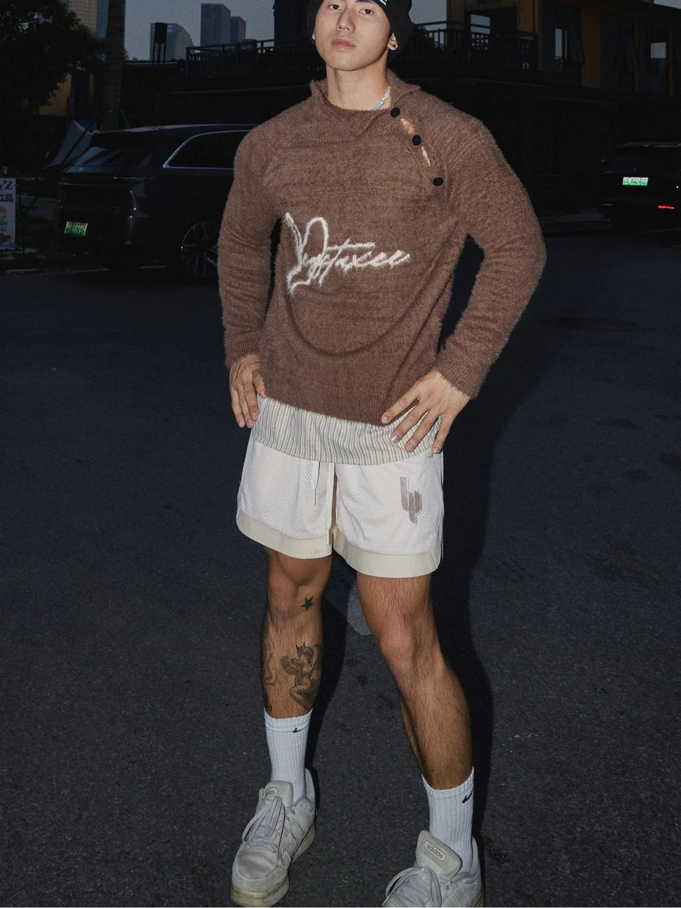 Frosted Script Asymmetrical Button Sweater