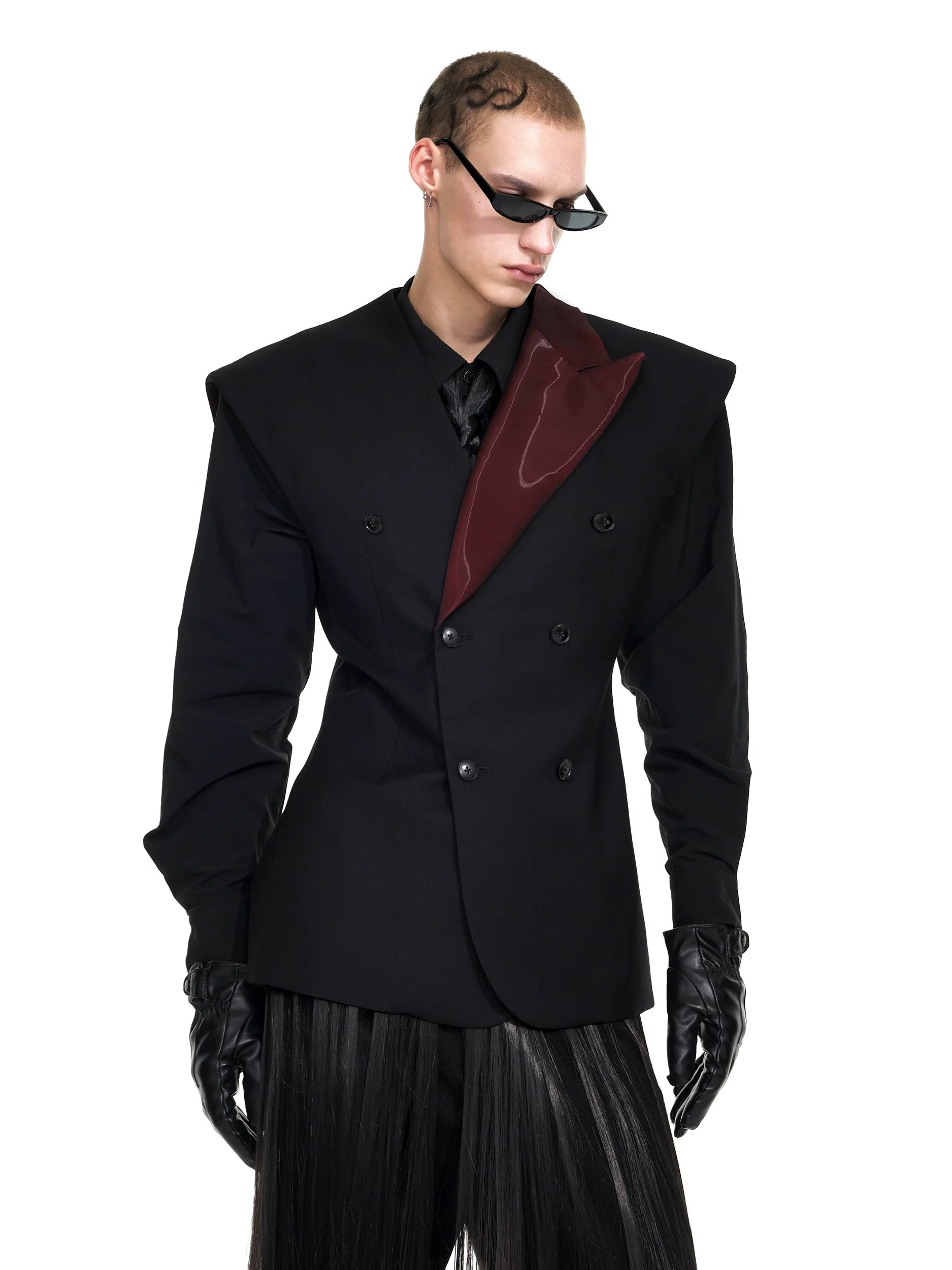 Double-Breasted Black Blazer with Asymmetrical Burgundy Lapel