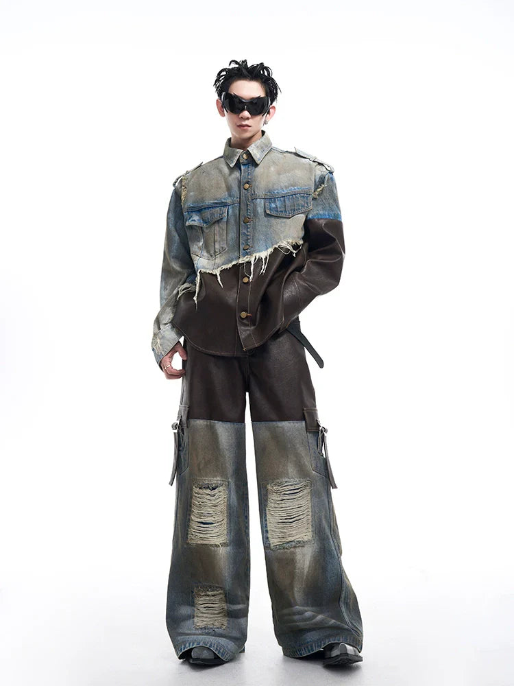 Distressed Denim Leather Patchwork Jacket and Wide-Leg Pants Setup