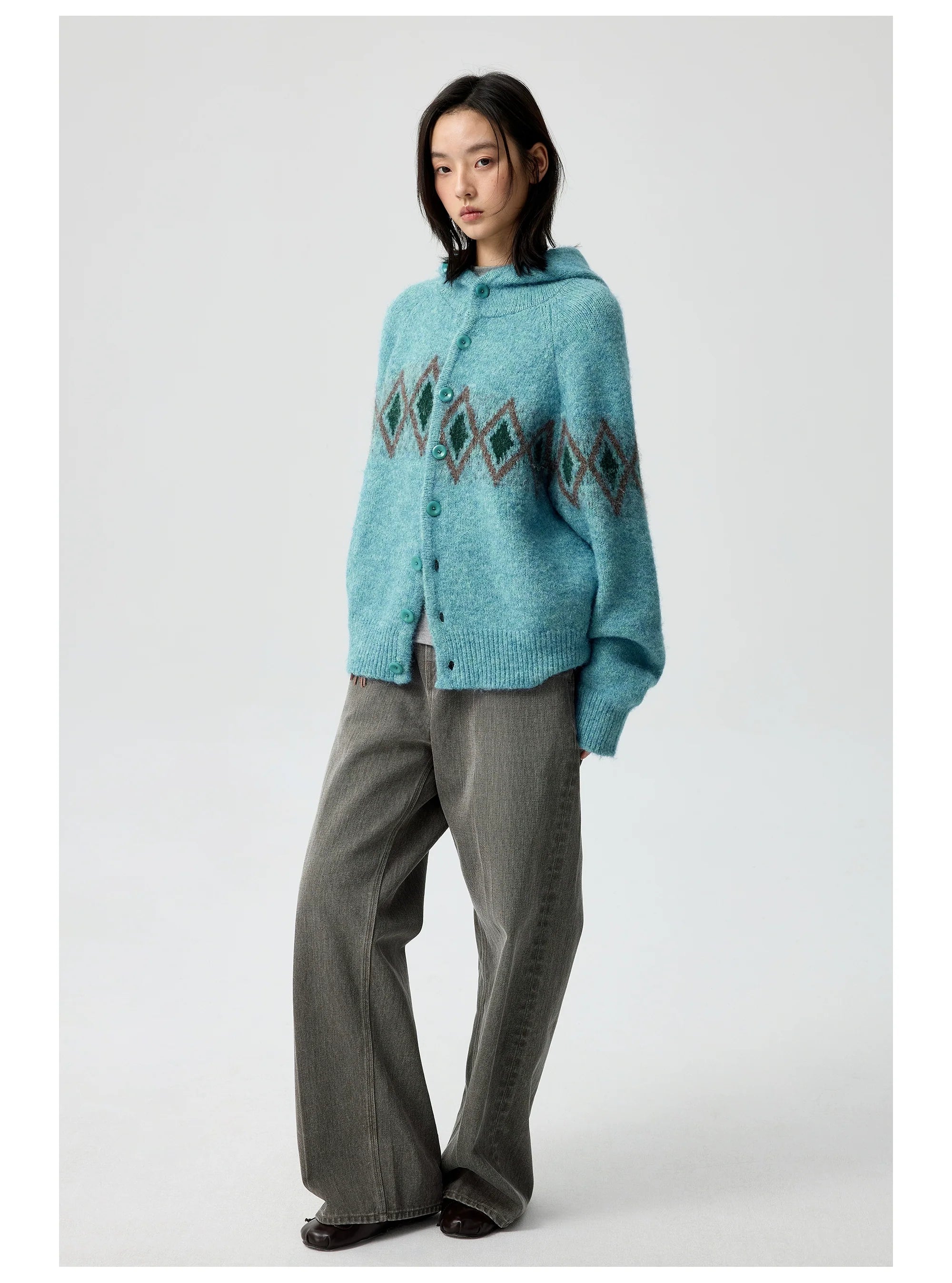 Diamond Pattern Hooded Wool Cardigan