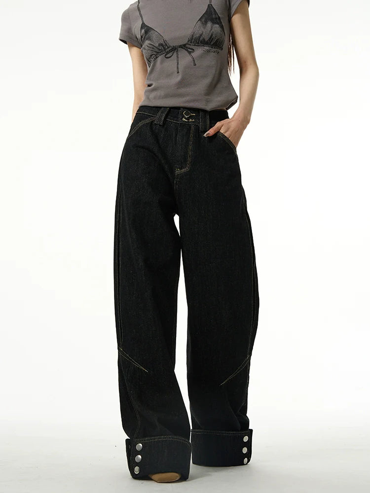 Wide-Leg Jeans with Cuffed Hems and Button Details