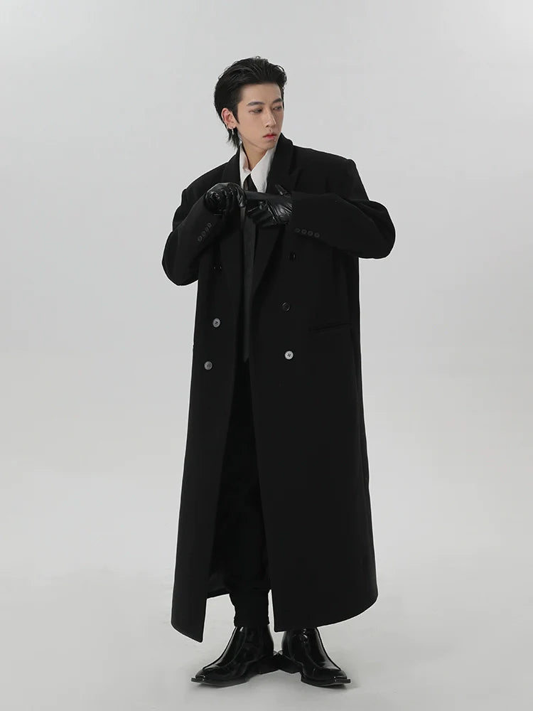 롱 블랙 더블 브레스트 오버코트