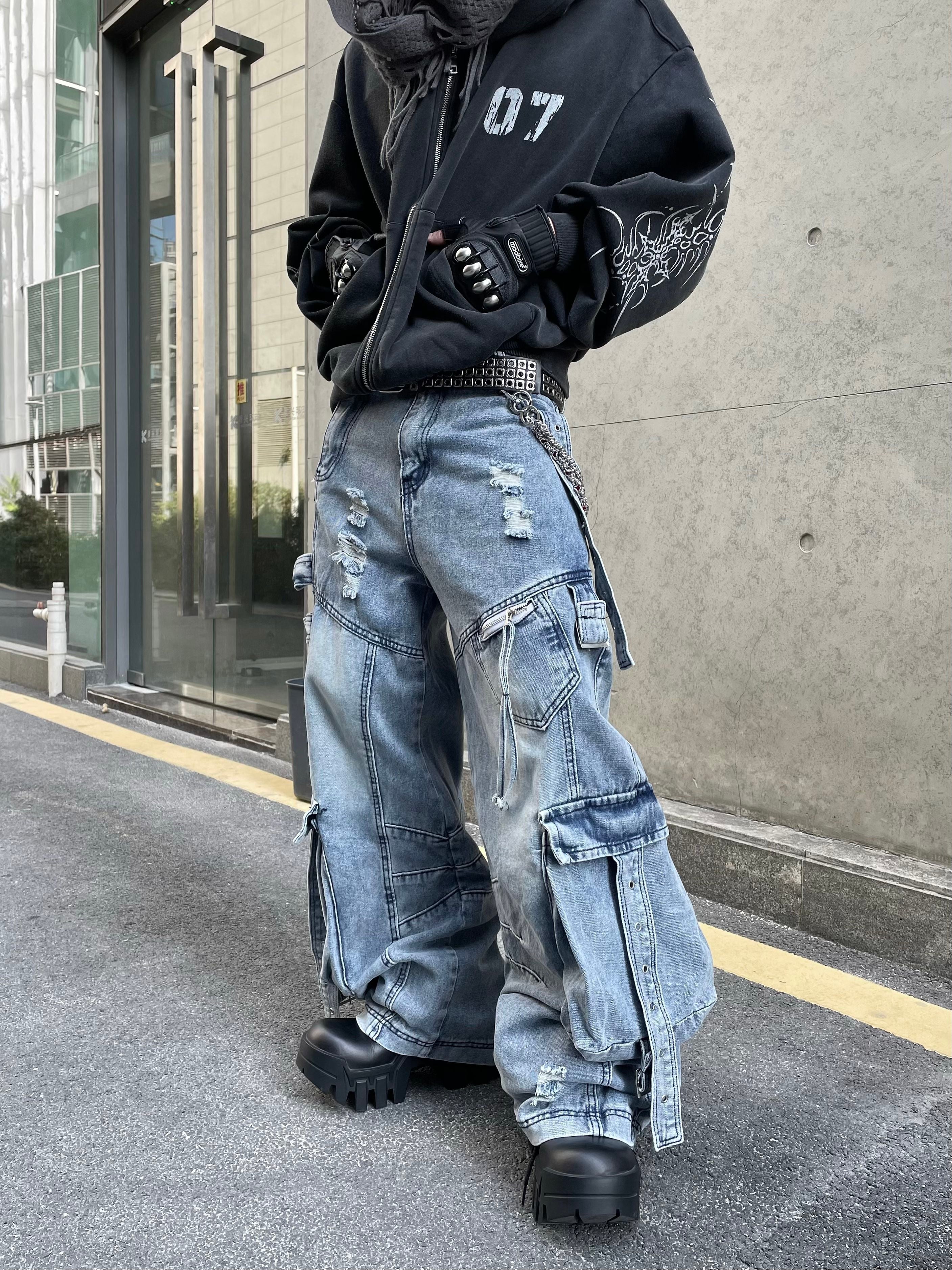 Acid Wash Distressed Cargo Jeans