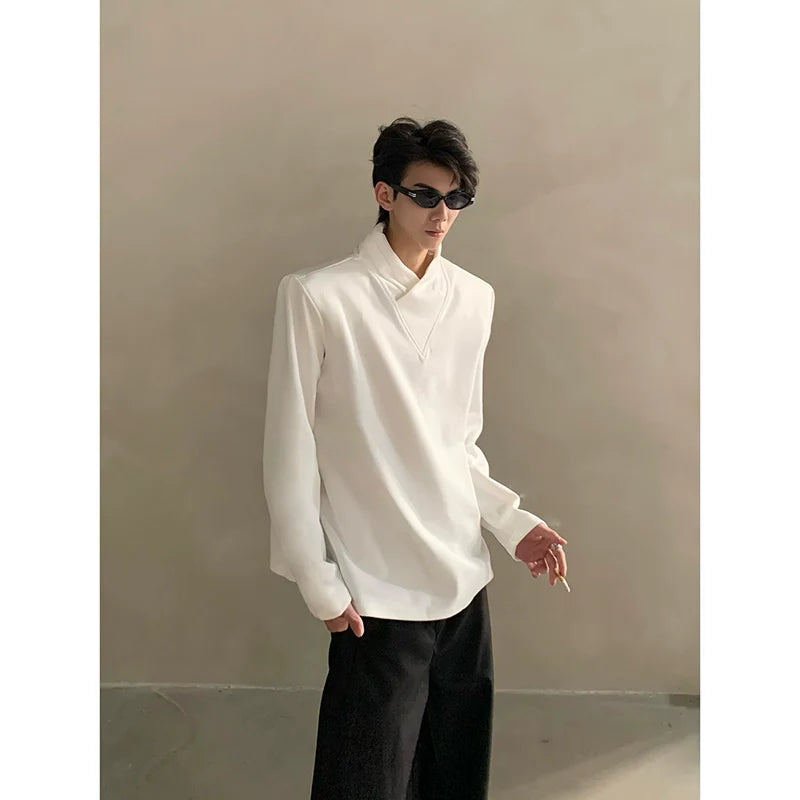 Minimalist Short Sleeve Shirt with Overlapping High Collar